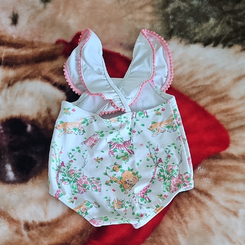 Janie and Jack White One-Piece Swimsuit with Pink and Green Safari Print - Picture 4 of 6